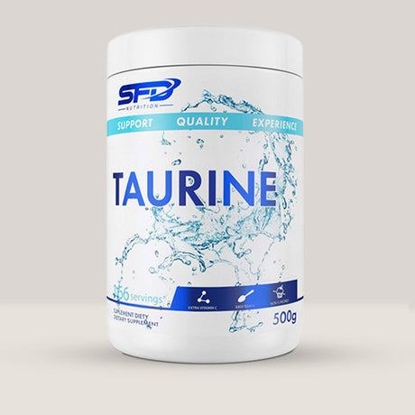 Imagine cu o cutie de SFD Taurine REBREND (500g, 166 de serviri) de la SFD Nutrition, un supliment cu taurină pură pentru energie și performanță sportivă.