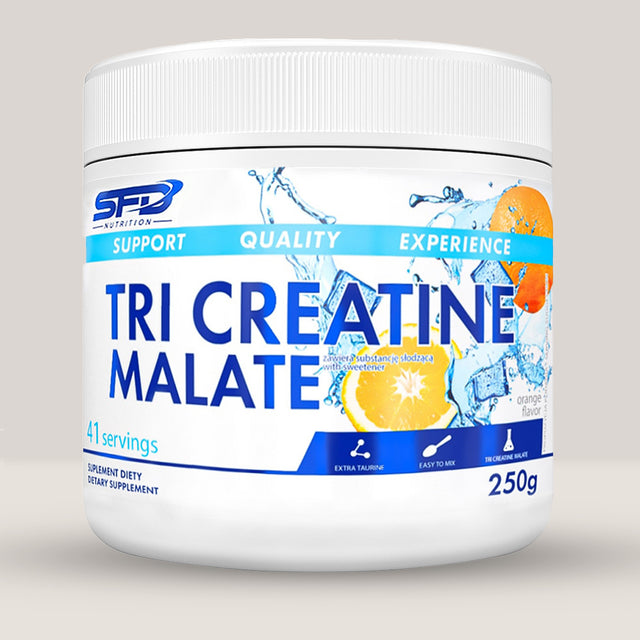 Imagine cu o cutie de SFD Tri Creatine Malate (250g, 41 de serviri) de la SFD Nutrition, un supliment cu creatină malat pentru creșterea performanței.