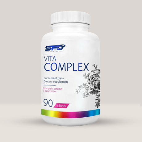 Imagine cu o cutie de SFD Vita Complex (90 tablete) de la SFD Nutrition, un complex complet de vitamine și minerale pentru sănătate și vitalitate.