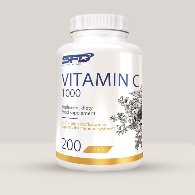 Imagine cu o cutie de SFD Vitamin C 1000 (200 tablete) de la SFD Nutrition, un supliment cu vitamina C și bioflavonoide pentru imunitate și protecție celulară.