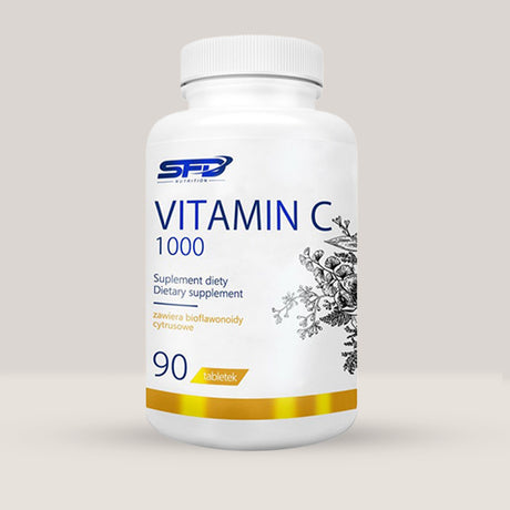 Imagine cu o cutie de SFD Vitamin C 1000 (90 tablete) de la SFD Nutrition, un supliment cu vitamina C pentru imunitate și protecție antioxidantă.