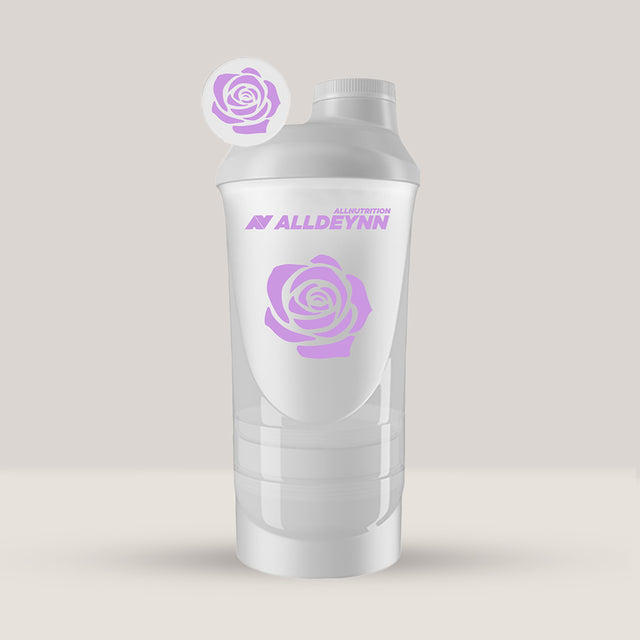 Shaker cu compartimente de la Alldeynn, pentru proteine și capsule, de culoare alb sidef, capacitate 600ml.
