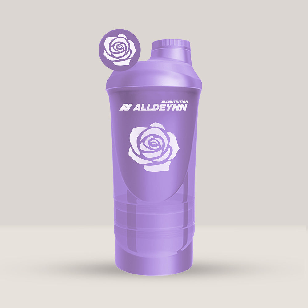 Shaker cu compartimente de la Alldeynn, pentru proteine și capsule, de culoare violet, capacitate 600ml.