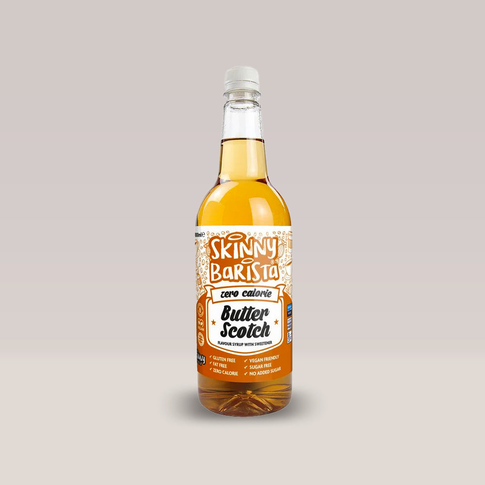 Sticlă de sirop fără calorii The Skinny Food Co cu aromă de butterscotch.