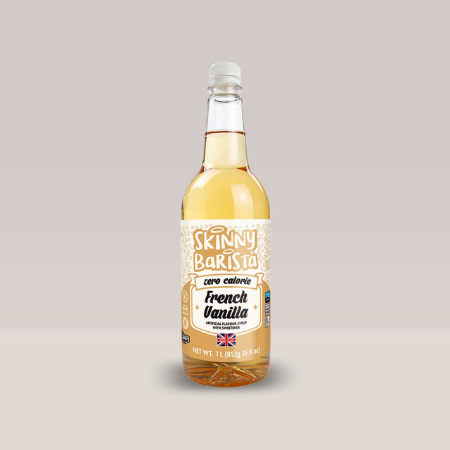 Sticlă de sirop fără calorii The Skinny Food Co cu aromă de vanilie franțuzească.