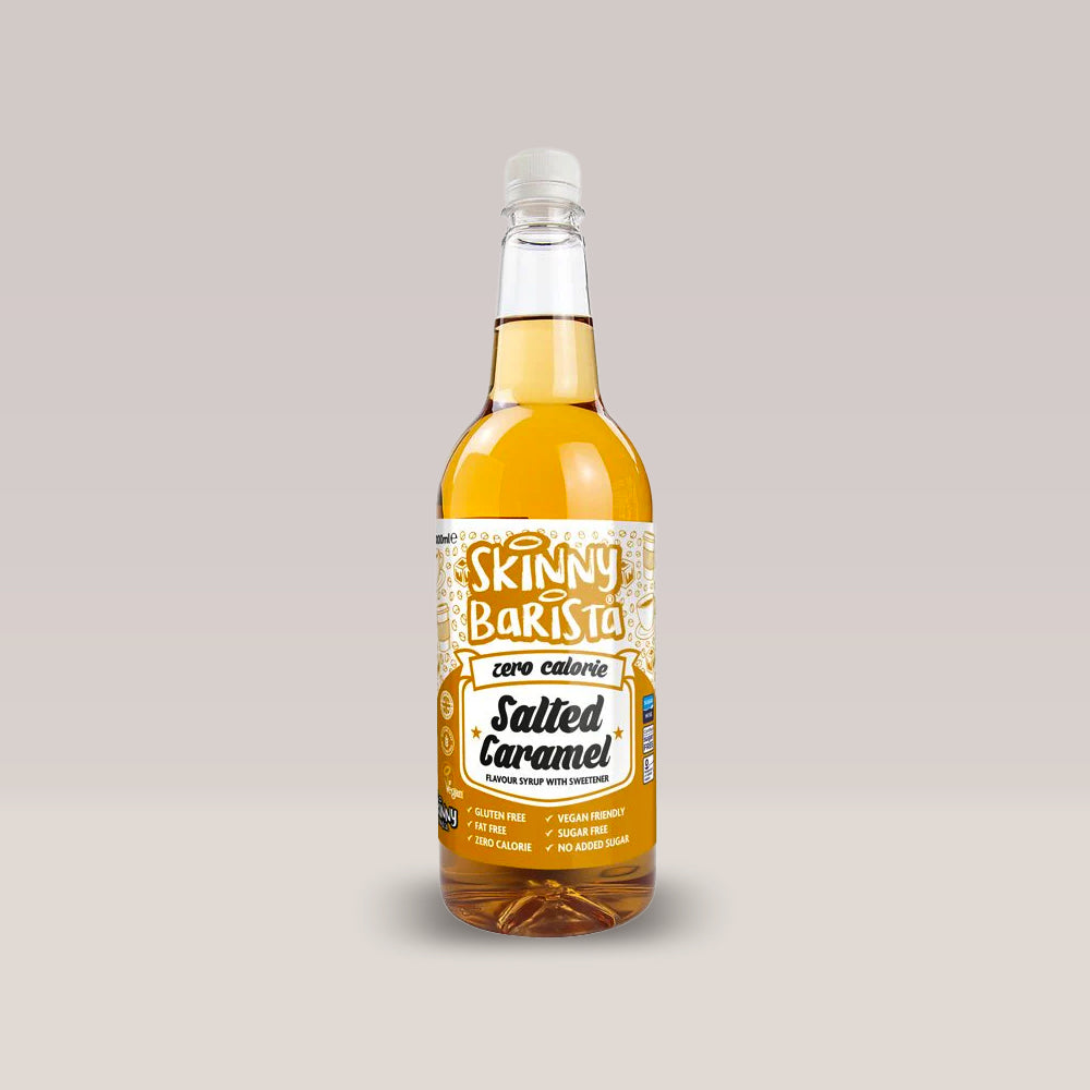 Sticlă de sirop fără calorii The Skinny Food Co cu aromă de caramel sărat.