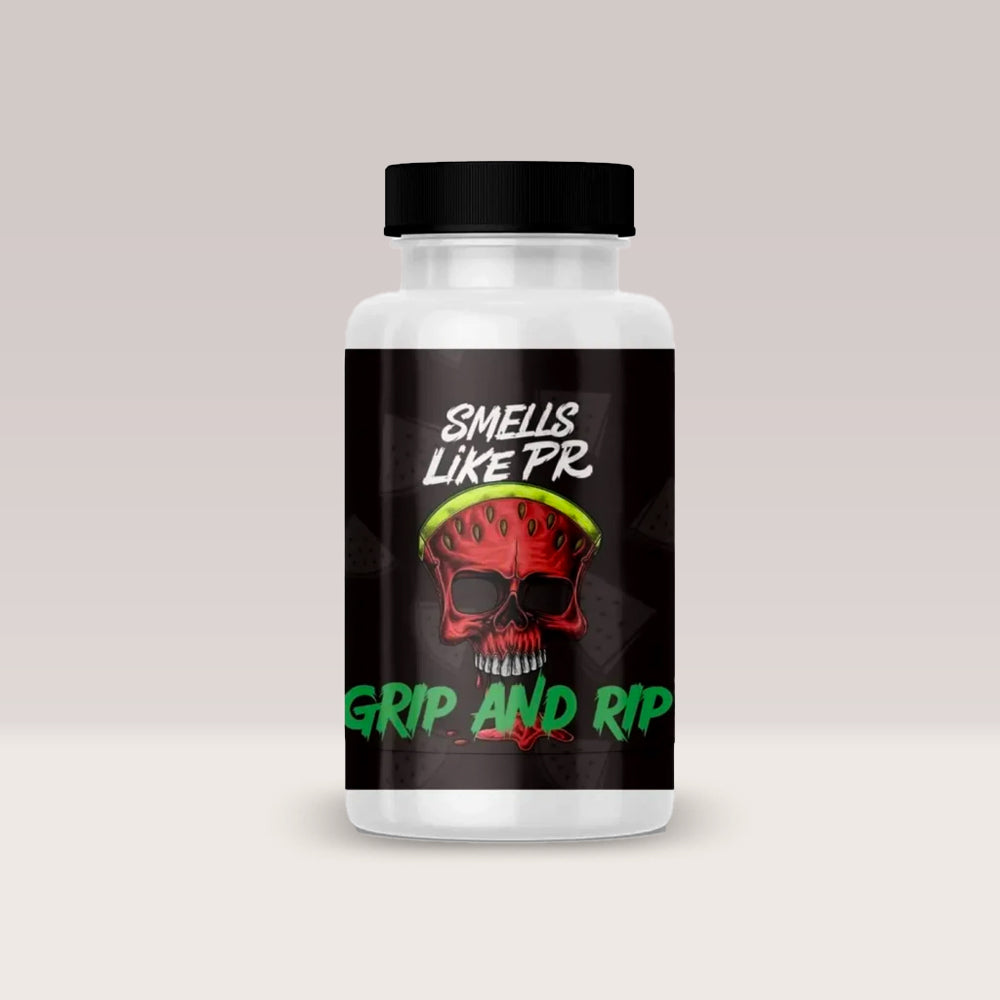 Recipient de săruri cu amoniac Grip & Rip de la Smells Like PR, cu aromă de pepene roșu, pentru stimulare și focus.