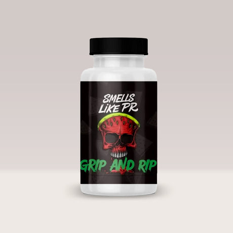 Recipient de săruri cu amoniac Grip & Rip de la Smells Like PR, cu aromă de pepene roșu, pentru stimulare și focus.