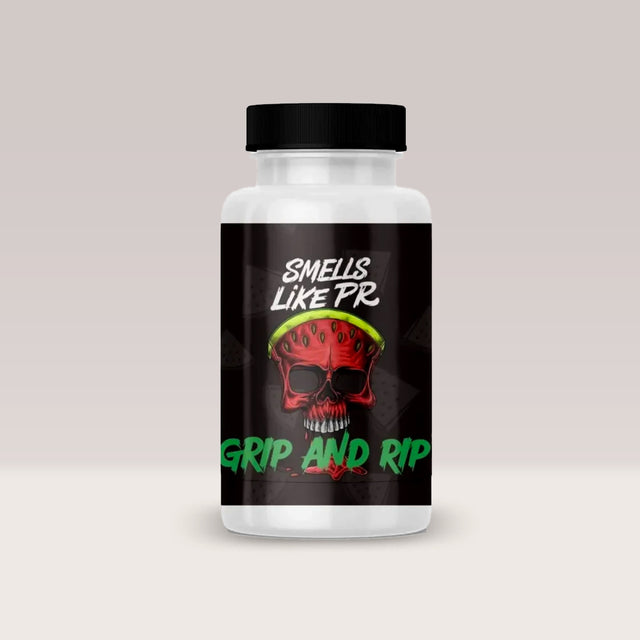 Recipient de săruri cu amoniac Grip & Rip de la Smells Like PR, cu aromă de pepene roșu, pentru stimulare și focus.