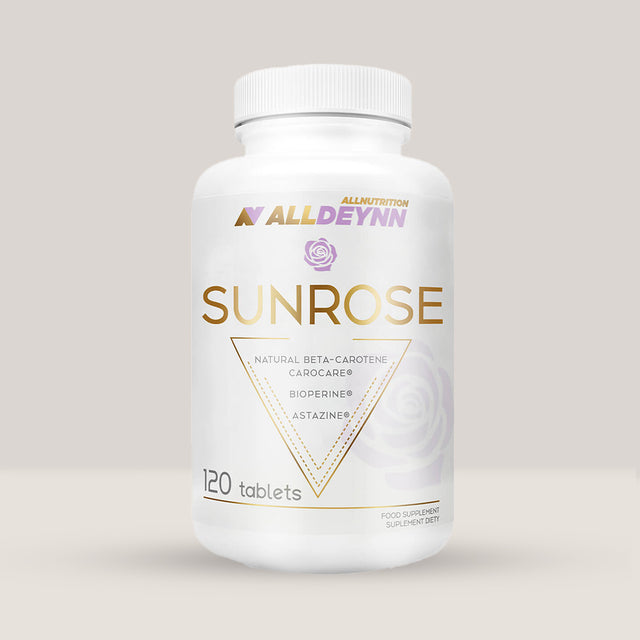Flacon de Sunrose de la Alldeynn, supliment pentru bronz și protecție solară, cu 120 de tablete.
