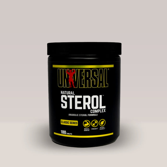Recipient negru de Universal Nutrition Natural Sterol Complex, un supliment anabolic natural cu 180 de tablete pe bază de steroli vegetali.