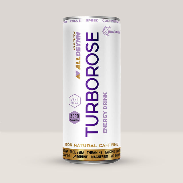 Doză de Turborose Energy Drink de la Alldeynn, băutură energizantă fără zahăr pentru energie și focus, 330ml.