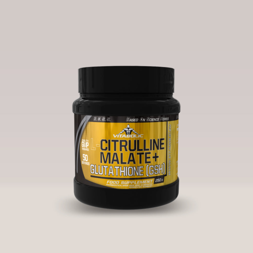 Imagine cu suplimentul alimentar L-Citrulline Malate + Glutathione (GSH) de la VITABOLIC, 250g, 50 de serviri.