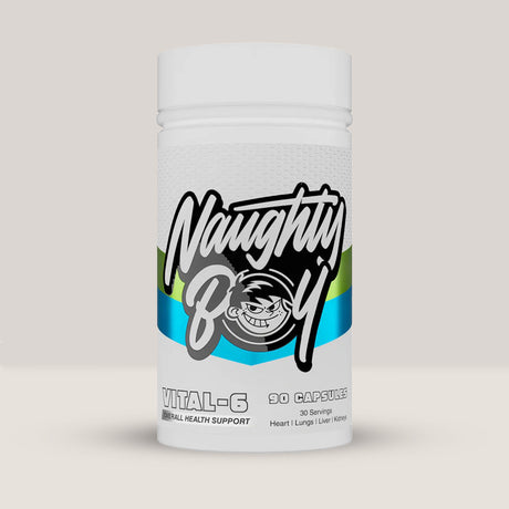 Flacon de Vital-6 de la NaughtyBoy, supliment complet pentru suportul organelor vitale, cu 90 de capsule.