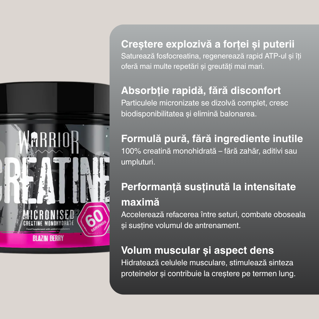 Creatină monohidrată micronizată (forță explozivă, recuperare accelerată) – 300g / 60 porții | WARRIOR
