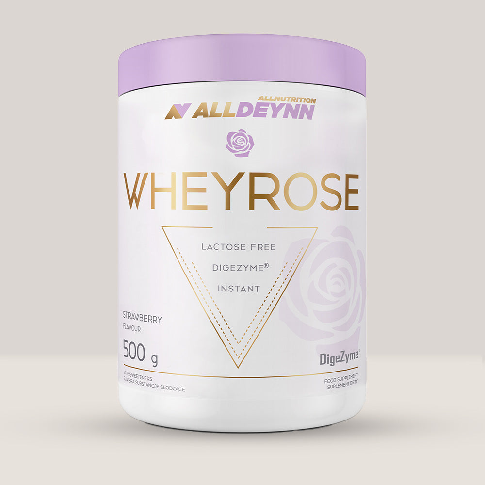 Pachet de WheyRose de la Alldeynn, proteină din zer fără lactoză, cu enzime digestive, 500g.