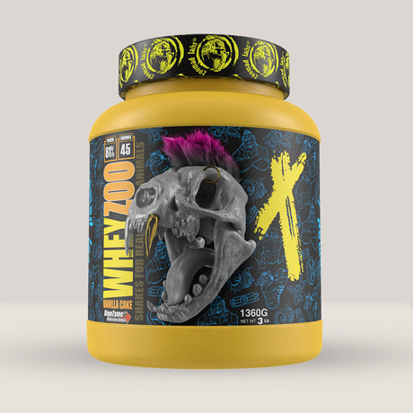 Recipient de Wheyzoo de la Zoomad Labs, concentrat proteic din zer cu enzime digestive DigeZyme, ambalaj de 1.36kg.