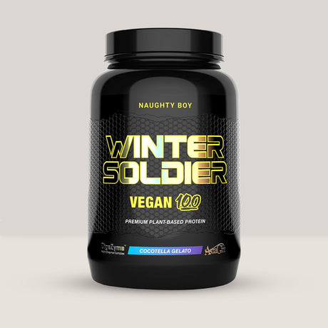Pachet de Winter Soldier Vegan 100 de la NaughtyBoy, proteină vegetală cu enzime digestive, 930g. Cocotella gelato aroma.