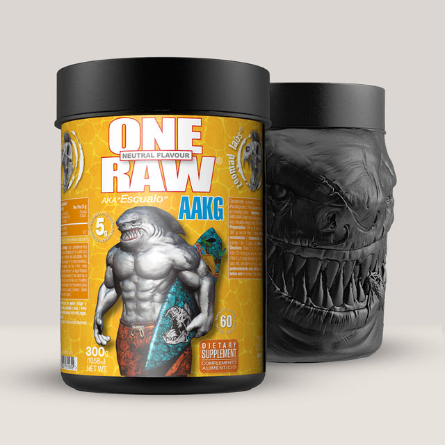Recipient de One Raw AAKG de la Zoomad Labs, supliment cu arginină pură pentru pompare și oxid nitric, ambalaj de 300g.