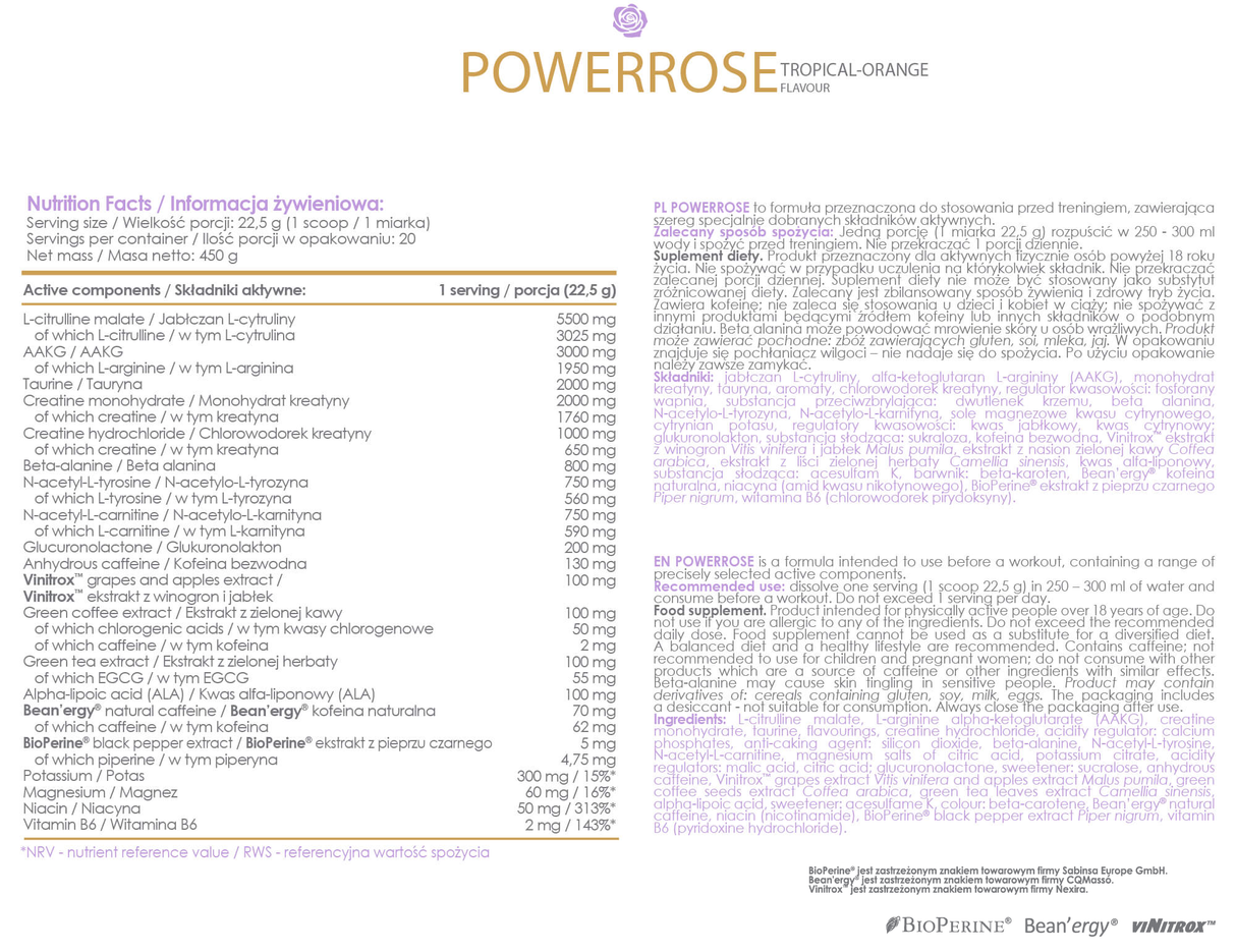 Imagine cu tabelul nutritional pentru suplimentul de pre-workout PowerRose de la ALL DEYNN, 450g.