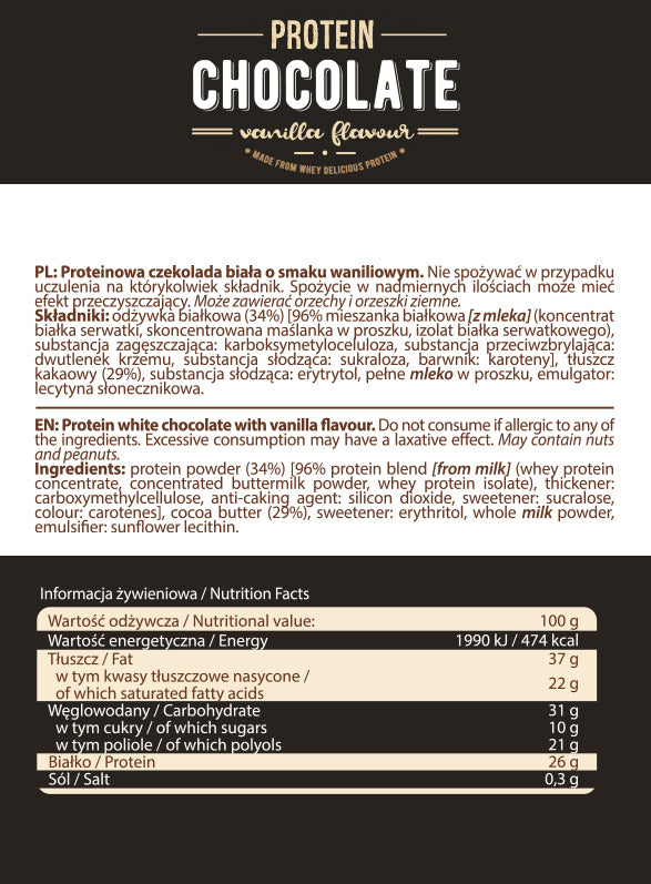 Imagine cu tabelul valorilor nutritionale al ciocolatei proteice Protein Chocolate cu lapte și vanilie de la ALLNUTRITION, 100g.