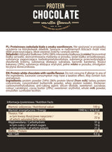 Imagine cu tabelul valorilor nutritionale al ciocolatei proteice Protein Chocolate cu lapte și vanilie de la ALLNUTRITION, 100g.