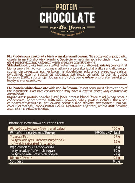 Imagine cu tabelul valorilor nutritionale al ciocolatei proteice Protein Chocolate cu lapte și vanilie de la ALLNUTRITION, 100g.