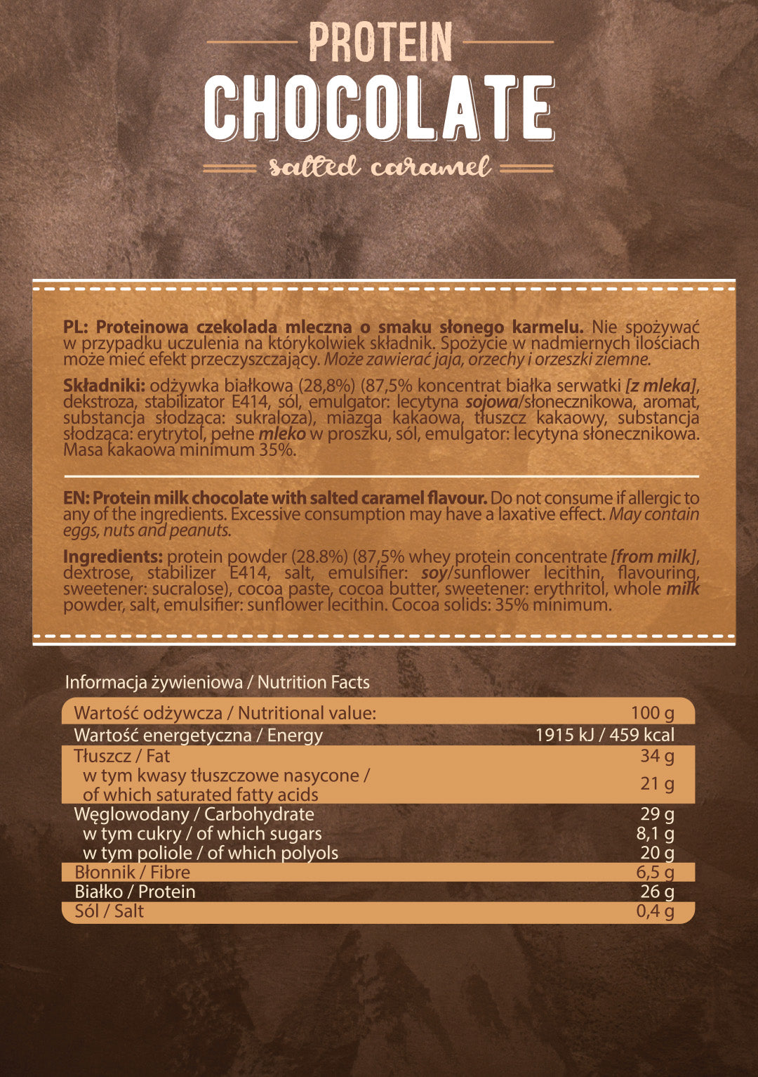 Imagine cu tabelul valorilor nutritionale al ciocolatei proteice Protein Chocolate cu aromă de caramel sărat de la ALLNUTRITION, 100g.
