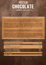Imagine cu tabelul valorilor nutritionale al ciocolatei proteice Protein Chocolate cu aromă de caramel sărat de la ALLNUTRITION, 100g.