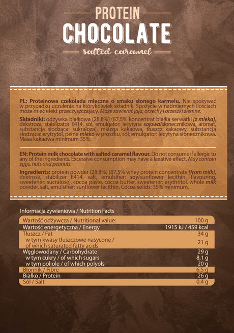 Imagine cu tabelul valorilor nutritionale al ciocolatei proteice Protein Chocolate cu aromă de caramel sărat de la ALLNUTRITION, 100g.